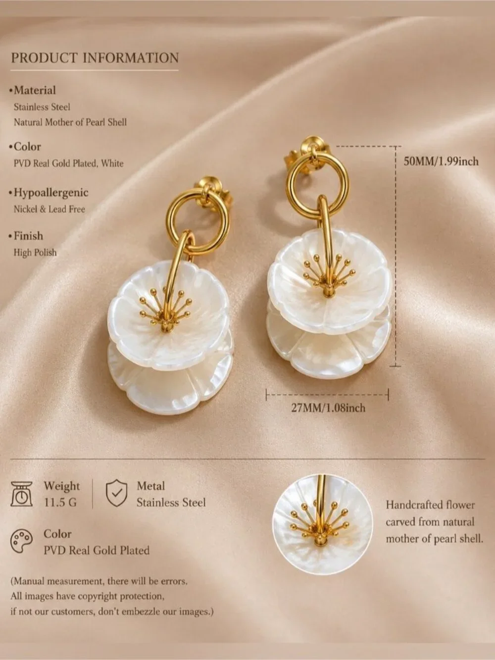 Gold and White Floral Drop Earrings